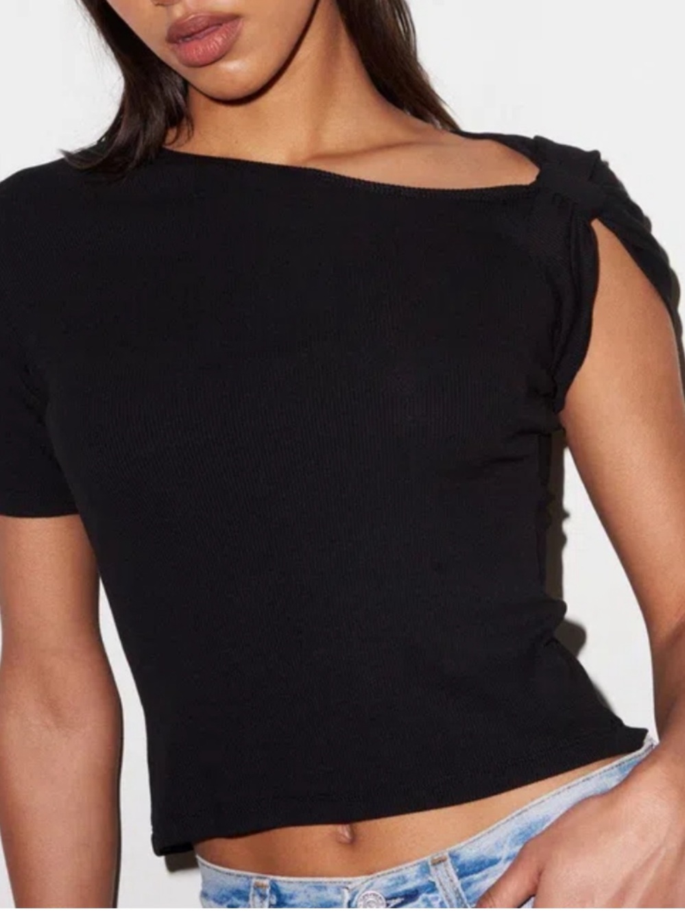 LNA Black Ribbed Knotted Shoulder Rio Top - Picture 2 of 6